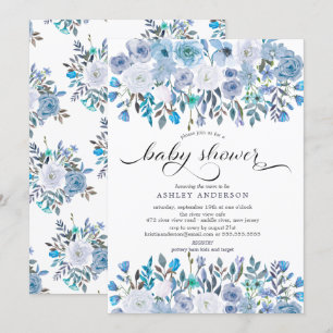 Lichtblauw Waterverf Bloemen Baby shower Kaart