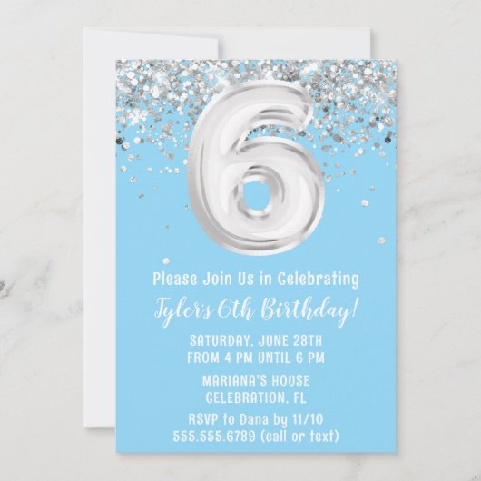 Lichtblauw Zilver 6e Verjaardagsfeest Kaart (Voorkant)