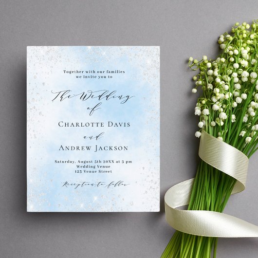 Lichtblauw zilver budget bruiloft uitnodiging