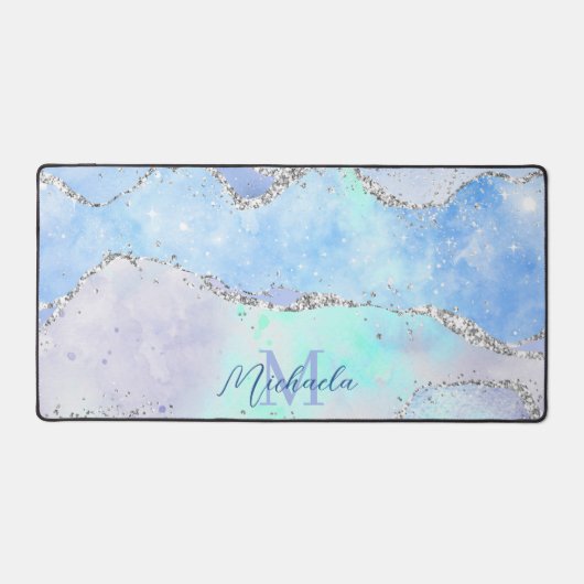 Lichtblauw Zilver Glitters Schitteren Agate Monogr Bureaumat (Voorkant)