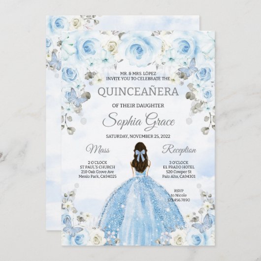 Lichtblauw Zilver Prinses Quinceanera Verjaardag Kaart (Voorkant / Achterkant)