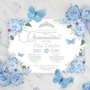 Lichtblauw Zilver Tiara Vlinder Quinceanera Kaart