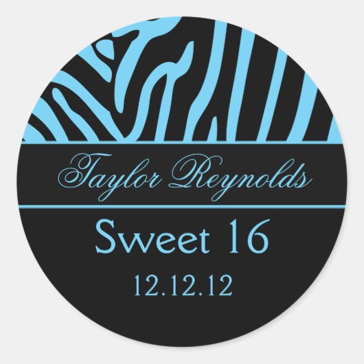 Lichtblauw Zwart Zebra Sweet 16 Sticker (Voorkant)
