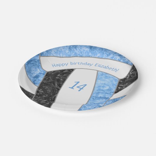lichtblauw zwarte volleybalfeest papieren bordje (Gekanteld)