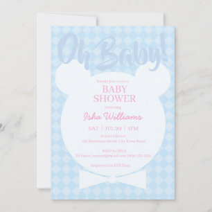 Lichtblauwe Beer met strik Oh Baby Shower Uitnodig Kaart