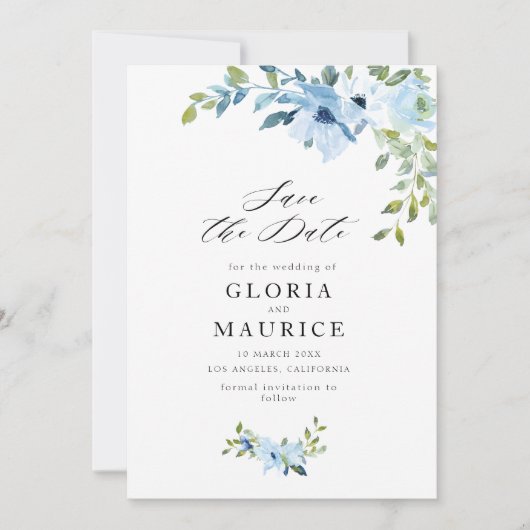 Lichtblauwe bloemen Bruiloft Bewaar de datum Save The Date (Voorkant)
