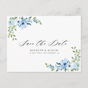 Lichtblauwe bloemenbruiloft Save the Date briefkaa Briefkaart