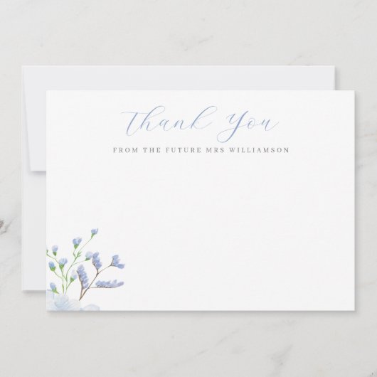 Lichtblauwe bloemige bruidsmeisjespakking vlak bedankkaart (Voorkant)