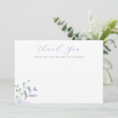 Lichtblauwe bloemige bruidsmeisjespakking vlak bedankkaart (Staand voorkant)