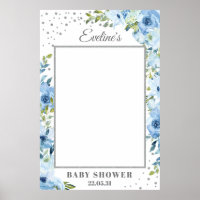 Lichtblauwe bloemige zilveren baby shower foto pro