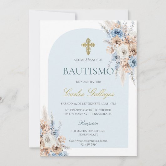 Lichtblauwe boho bloemendoop kaart (Voorkant)