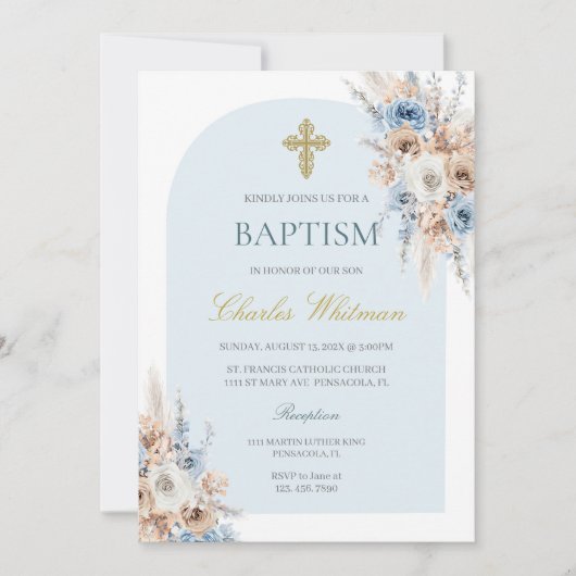 Lichtblauwe boho bloemendoop kaart (Voorkant)