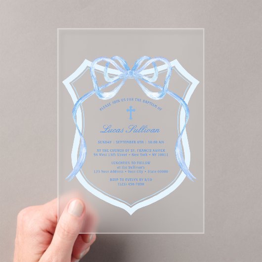 Lichtblauwe Bow Crest doop Acryl Uitnodigingen (Insitu (Draagbaar))