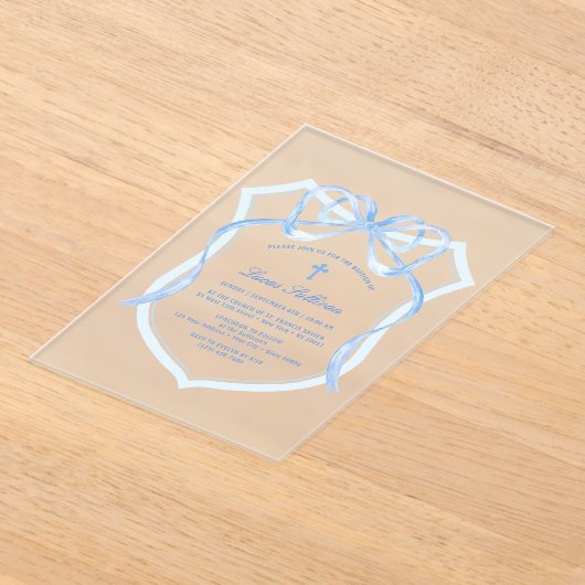 Lichtblauwe Bow Crest doop Acryl Uitnodigingen (Laagn)