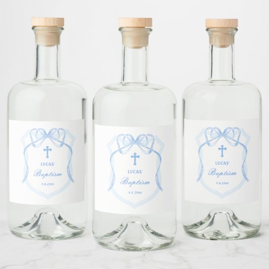 Lichtblauwe Bow Crest doop Likeurfles Etiket (Flessen)