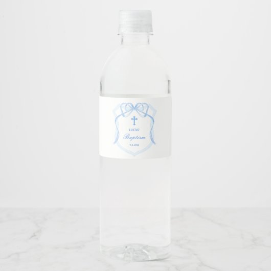 Lichtblauwe Bow Crest doop Waterfles Etiket (Voorkant)