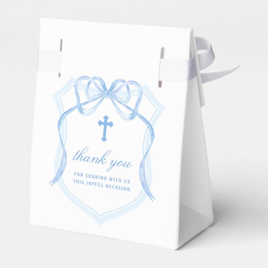 Lichtblauwe Bow Crest dooptent Bedankdoosjes (Achterkant)