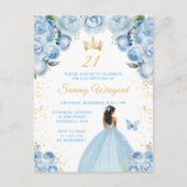 Lichtblauwe donkere huid prinses verjaardagsfeestj briefkaart (Voorkant)