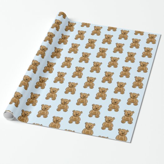 Lichtblauwe en bruine Teddy Bear Boy's Gift Wrap Cadeaupapier (Uitgerold)