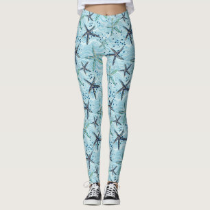 Lichtblauwe en gouden zeester op Ocean Wave Patter Leggings