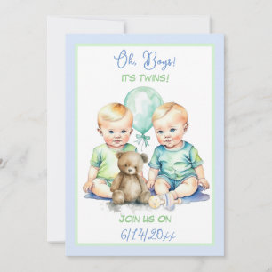 Lichtblauwe en groene tweeling jongens baby shower kaart