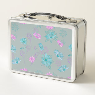 Lichtblauwe en roze bloemige metalen lunchbox
