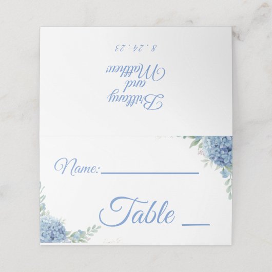 Lichtblauwe en witte trouwplaatskaarten (Buitenkant ongevouwen)