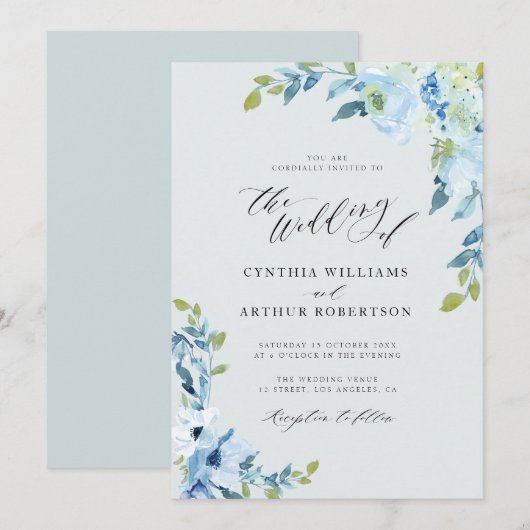 lichtblauwe florale bruiloft kaart (Voorkant / Achterkant)