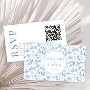 Lichtblauwe folk bloemenbruiloft RSVP QR-codekaart Informatiekaartje