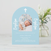 Lichtblauwe foto boog script jongen Doop Kaart (Staand voorkant)