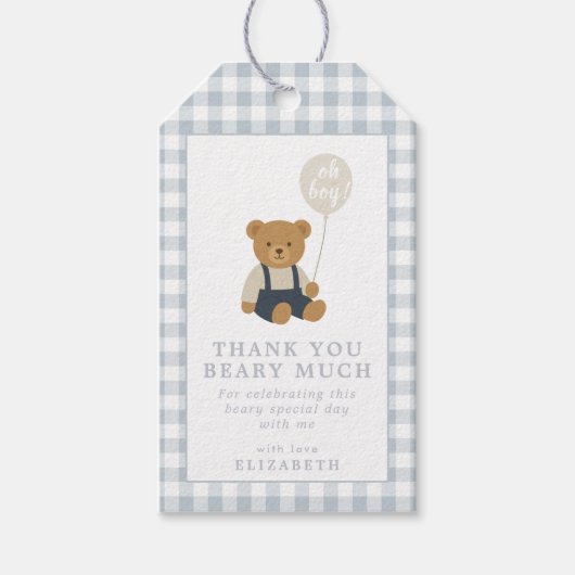 Lichtblauwe geruite teddybeer baby shower cadeaulabel (Voorkant)