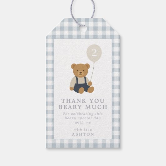 Lichtblauwe geruite Teddybeer Verjaardagscadeau et Cadeaulabel (Voorkant)