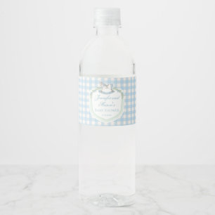 Lichtblauwe gingham paard crest baby jongen douche waterfles etiket