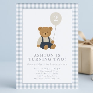 Lichtblauwe Gingham Teddy Bear Verjaardag Uitnodig Kaart