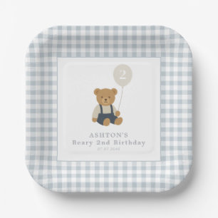 Lichtblauwe Gingham Teddy Bear Verjaardagsfeestje Papieren Bordje