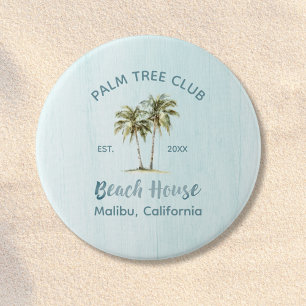 Lichtblauwe houten palmbomen modern strandhuis ronde button 7,6 cm