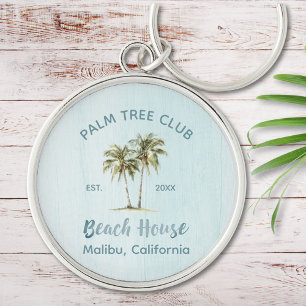 Lichtblauwe Houten Palmboom Moderne Strandhuis Sleutelhanger