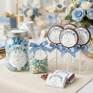 Lichtblauwe jongens baby shower bloemen lint boog Ronde Sticker