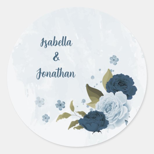 Lichtblauwe marine bloemen bruiloft ronde sticker (Voorkant)