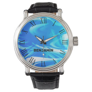 Lichtblauwe oceaangolven Cool Marbled Custom Name Horloge