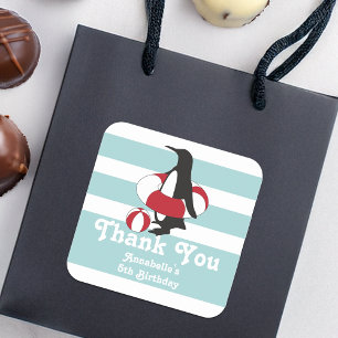 Lichtblauwe pinguïn Bedankt Kids Verjaardagsfeest Vierkante Sticker