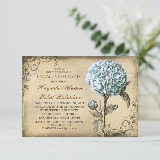 lichtblauwe pioen rustieke verlovingsfeest kaart (Staand voorkant)