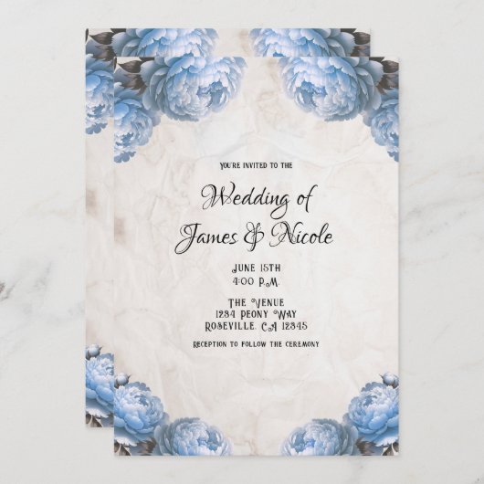 Lichtblauwe pioenbloemen rustieke bruiloft kaart (Voorkant / Achterkant)