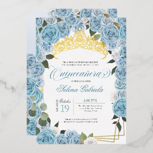 Lichtblauwe Rozen Prinses Quinceanera Echt Goud Folie Uitnodiging