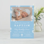 Lichtblauwe sneeuwvlokken Foto Winter Jongen Doop Kaart (Staand voorkant)