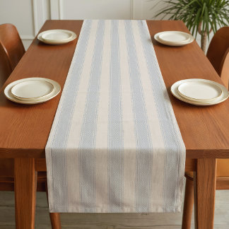 Lichtblauwe Streep Zachte Crème Beige Boho Boerder Korte Tafelloper