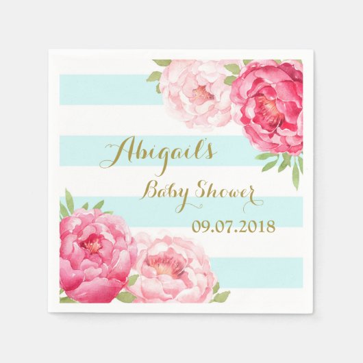 Lichtblauwe strepen Roze Bloemen Baby showers serv Servetten (Voorkant)