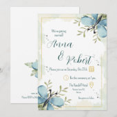 Lichtblauwe vlinder aquarel bruiloft kaart (Voorkant / Achterkant)
