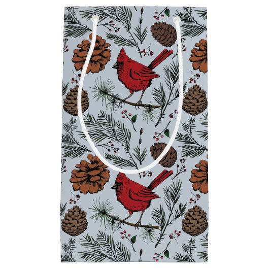 Lichtblauwe winter Perched Red Cardinal & Pine Con Klein Cadeauzakje (Voorkant)