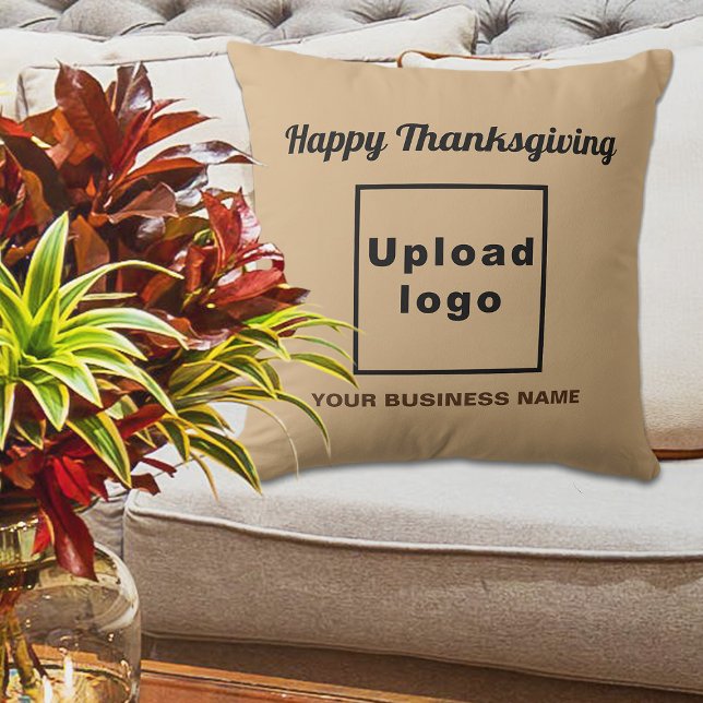 Lichtbruin | Thanksgiving | handelsmerk | Kussen (Business name and logo with Thanksgiving greeting on light brown throw pillow)